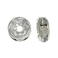 Rhinestone Spacers, Brass, Donut, silver color plated, with rhinestone, nickel, lead & cadmium free, 5x5x2.50mm, Hole:Approx 1.2mm, 500PCs/Bag, Sold By Bag