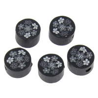 Grânulos de argila de polímero, Roda, feito à mão, com padrão de flores, preto, 8x5mm, Buraco:Aprox 1mm, 100PCs/Bag, vendido por Bag