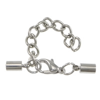 Brass Lobster Claw Cord Clasp, platinum color plated, with end cap, nickel, lead & cadmium free, 33mm, 9x4mm, Hole:Approx 3.5mm, 100PCs/Lot, Sold By Lot