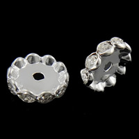 Rhinestone Spacers, Brass, Donut, silver color plated, with rhinestone, 15x15x4mm, Hole:Approx 3mm, 200PCs/Bag, Sold By Bag
