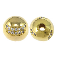 Perles cubes en laiton zircon Micro Pave, Rond, Plaqué d'or, pavé de micro zircon, 10mm, Trou:Environ 2mm, 5PC/lot, Vendu par lot