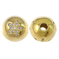 Perles cubes en laiton zircon Micro Pave, Rond, Plaqué d'or, avec motif d'étoile & pavé de micro zircon, 10mm, Trou:Environ 2.5mm, 5PC/lot, Vendu par lot