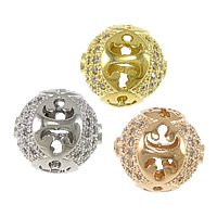 Cubic Zirconia Micro Pave Brass Beads, Round, plated, micro pave cubic zirconia & hollow, more colors for choice, 13x12mm, Hole:Approx 1.5mm, 5PCs/Lot, Sold By Lot