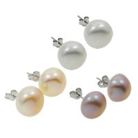 Freshwater Pearl Earrings, brass post pin, Dome, natural, with 925 logo, more colors for choice, 13-14mm, 10Pairs/Bag, Sold By Bag