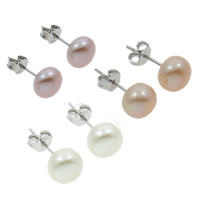 Freshwater Pearl Earrings brass post pin Dome natural with 925 logo 6-7mm Sold By Bag