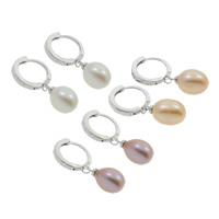Huggie Hoop Drop Earring, Freshwater Pearl, brass huggie hoop, Teardrop, natural, with 925 logo, more colors for choice, 8-9mm, Sold By Pair
