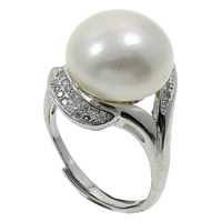 Freshwater Pearl Finger Ring, with Brass, Button, natural, adjustable & micro pave cubic zirconia, white, 13-14mm, 20x19x19mm, US Ring Size:6.5, 3PCs/Bag, Sold By Bag