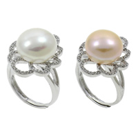 Freshwater Pearl Finger Ring, with Brass, Flower, natural, with 925 logo & adjustable & micro pave cubic zirconia, more colors for choice, 13-14mm, 20x30x22mm, US Ring Size:6.5, Sold By PC