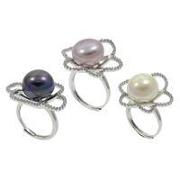 Freshwater Pearl Finger Ring, with Brass, Flower, natural, with 925 logo & adjustable & micro pave cubic zirconia, more colors for choice, 13-14mm, 26x32x22mm, US Ring Size:5, Sold By PC