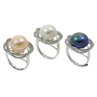 Freshwater Pearl Finger Ring, with Brass, Flower, natural, adjustable & micro pave cubic zirconia, more colors for choice, 13-14mm, 21x29x18mm, US Ring Size:6.5, Sold By PC