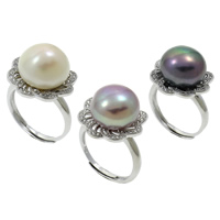 Freshwater Pearl Finger Ring, with Brass, Flower, natural, adjustable & micro pave cubic zirconia, more colors for choice, 13-14mm, 19x30x18mm, US Ring Size:5, Sold By PC