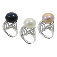 Freshwater Pearl Finger Ring with Brass Dome natural adjustable & micro pave cubic zirconia 13-14mm US Ring .5 Sold By PC