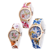 Women Wrist Watch, Tibetan Style, with Glass & Silicone, plated, adjustable & with flower pattern & for woman, more colors for choice, nickel, lead & cadmium free, 40mm, 20mm, Length:Approx 8 Inch, Sold By PC