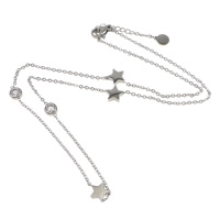 Stainless Steel smycken halsband, ROSTFRITT STÅL, med 1lnch extender kedja, Star, oval kedja & med cubic zirconia, ursprungliga färgen, 11x7.5x2.5mm, 1.5mm, Längd Ca 17 inch, 3Strands/Lot, Säljs av Lot