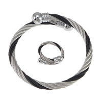 Fashion Stainless Steel Jewelry Sets, bangle & finger ring, plated, adjustable & two tone, 9.5mm, 5mm, 2.5mm, 5mm, Inner Diameter:Approx 54x51mm, US Ring Size:5, Length:Approx 6.5 Inch, 6Sets/Lot, Sold By Lot