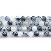 Rutilated Quarz Perle, rund, natürlich, verschiedene Größen vorhanden, schwarz, Länge:ca. 15 ZollInch, verkauft von Menge