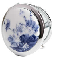 Zinc Alloy Kosmetiske Mirror, med Porcelæn, platin farve forgyldt, med blomstermønster, nikkel, bly & cadmium fri, 70mm, 20pc'er/Lot, Solgt af Lot