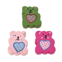 Miçangas de madeira, Urso, impressão, com padrão de coração, cores misturadas, 17x20x6mm, Buraco:Aprox 2mm, Aprox 500PCs/Bag, vendido por Bag