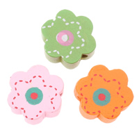 Perles en bois, fleur, impression, couleurs mélangées, 15x15x6mm, Trou:Environ 2mm, Environ 830PC/sac, Vendu par sac