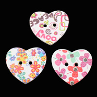 Wood 2-Hole Button, Heart, printing, mixed pattern, 25x22x3mm, Hole:Approx 2.5mm, 200PCs/Bag, Sold By Bag