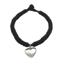 Bracelets cordon en nylon, corde en nylon, avec acier inoxydable, coeur, bracelet à breloques, noire, 16x15x5mm, 6.5mm, Vendu par Environ 8.5 pouce brin