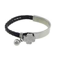 PU Leather Cord Bracelets with Rhinestone Clay Pave & Acrylic stainless steel clasp woven charm bracelet & with 48 pcs rhinestone black 8mm 10mm 4mm Sold Per 8 Inch Strand