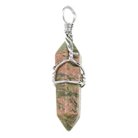 Natural Unakite Pendants, with Brass, pendulum, platinum color plated, nickel, lead & cadmium free, 8x39x8mm, Hole:Approx 3x4mm, 5PCs/Bag, Sold By Bag