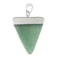 Natural Aventurine Pendants, Green Aventurine, with Brass, Triangle, platinum color plated, nickel, lead & cadmium free, 27x37x4mm, Hole:Approx 5x7mm, 10PCs/Bag, Sold By Bag
