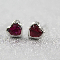 925 Sterling Silver Stud Earring, with Ruby, Heart, platinum plated, July Birthstone, 5.89x6.16mm, 10Pairs/Lot, Sold By Lot