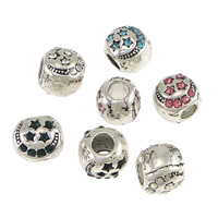 Zinc Alloy European perler, Drum, sølvfarvet forgyldt, med rhinestone & sværte, blandede farver, nikkel, bly & cadmium fri, 10.50x9x10mm, Hole:Ca. 4mm, 100pc'er/Lot, Solgt af Lot