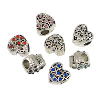 Tibetan Style European Beads, Heart, silver color plated, without troll & with rhinestone & blacken, mixed colors, nickel, lead & cadmium free, 10.50x11x8.50mm, Hole:Approx 4.5mm, 100PCs/Lot, Sold By Lot