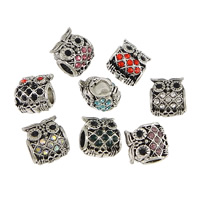 Zinc Alloy European Beads Owl silver color plated without troll & with rhinestone & blacken mixed colors nickel lead & cadmium free Approx 4.5mm Sold By Lot