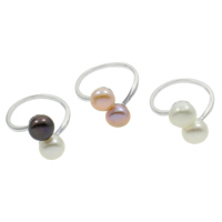 Freshwater Pearl Finger Ring, with Brass, Button, silver color plated, natural, more colors for choice, 8-8.5mm, 19x26x16mm, US Ring Size:6.5, 3PCs/Bag, Sold By Bag