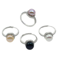 Pierścień z perłami słodkowodnymi, Perła naturalna słodkowodna, ze Mosiądz, Guzik, Platerowane w kolorze srebra, naturalny & regulowany & mikro utorować cyrkonia, dostępnych więcej kolorów, 8-9mm, 20x27x10mm, rozmiar:6.5, sprzedane przez PC