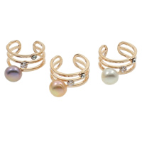 Freshwater Pearl Finger Ring, with Brass, Button, rose gold color plated, open & with cubic zirconia & with rhinestone, more colors for choice, 8-9mm, 22x27x15mm, US Ring Size:8, Sold By PC