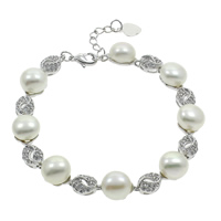 Bracelet en perles de culture d'eau douce, perle d'eau douce cultivée, avec laiton, avec 2cm chaînes de rallonge, bouton, Placage de couleur platine, pavé de micro zircon, blanc, 9-9.5mm, Vendu par Environ 6 pouce brin