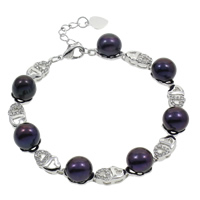 Freshwater Cultured Pearl Bracelet Freshwater Pearl with Brass with 3cm extender chain Button platinum color plated micro pave cubic zirconia black 8-9mm Sold Per Approx 6 Inch Strand