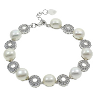 Freshwater Cultured Pearl Bracelet Freshwater Pearl with Brass with 3cm extender chain Button platinum color plated micro pave cubic zirconia white 9-10mm Sold Per Approx 6 Inch Strand