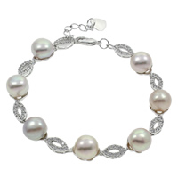 Freshwater Cultured Pearl Bracelet, Freshwater Pearl, with Brass, with 2.5cm extender chain, Button, platinum color plated, micro pave cubic zirconia, purple, 8-9mm, Sold Per Approx 6 Inch Strand