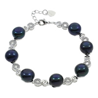 Bracelet en perles de culture d'eau douce, perle d'eau douce cultivée, avec laiton, avec 2.5cm chaînes de rallonge, bouton, Placage de couleur platine, pavé de micro zircon, noire, 9-10mm, Vendu par Environ 6.5 pouce brin