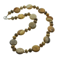 Picture Jasper Necklace, Tibetan Style lobster clasp, Flat Round, natural, 8x5mm, 16x6mm, Sold Per Approx 17 Inch Strand