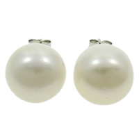 Freshwater Pearl Stud Earring, brass post pin, Dome, natural, white, 13-14mm, Sold By Pair