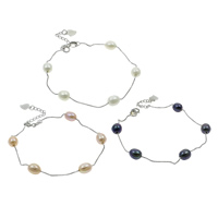 Freshwater Cultured Pearl Bracelet, Freshwater Pearl, with brass chain, with 3cm extender chain, Rice, platinum color plated, with 925 logo & box chain, more colors for choice, 6-7mm, Length:Approx 6.5 Inch, 5Strands/Bag, Sold By Bag