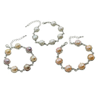 Freshwater Cultured Pearl Bracelet, Freshwater Pearl, with Brass, with 4cm extender chain, Button, platinum color plated, with cubic zirconia, more colors for choice, 10-11mm, Sold Per Approx 6.5 Inch Strand