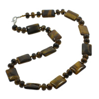Tiger Eye Necklace, Tibetan Style lobster clasp, Rectangle, natural, 8x5mm, 13x18x6mm, Sold Per 17 Inch Strand