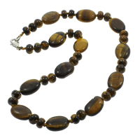 Tiger Eye Necklace, Tibetan Style lobster clasp, Flat Oval, natural, 8x5mm, 13x18x6mm, Sold Per 17 Inch Strand
