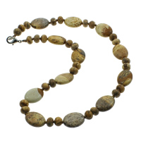 Picture Jasper Necklace, Tibetan Style lobster clasp, Flat Oval, natural, 8x5mm, 13x18x6mm, Sold Per 17 Inch Strand