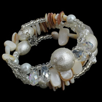 Memory Wire Bracelet, Freshwater Shell, with ABS Plastic Pearl & Crystal & Glass Seed Beads, natural, beaded bracelet & 3-strand & faceted & with rhinestone, white, 8x6mm, 12x17mm, 18mm, Length:Approx 7.5 Inch, 12Strands/Bag, Sold By Bag