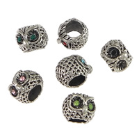 Tibetan Style European Beads, Owl, antique silver color plated, without troll & with rhinestone, more colors for choice, nickel, lead & cadmium free, 10x7.50mm, Hole:Approx 5mm, 300PCs/Lot, Sold By Lot