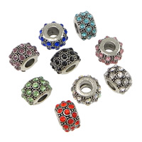 Tibetan Style European Beads, Drum, antique silver color plated, without troll & with rhinestone, mixed colors, nickel, lead & cadmium free, 8x13mm, Hole:Approx 5mm, 100PCs/Lot, Sold By Lot
